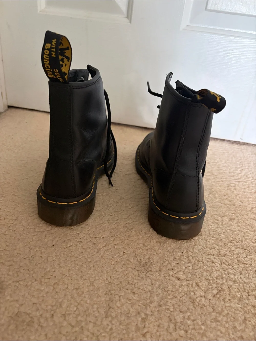 Dr. Martens Black Leather Lace-Up Boots with Yellow Stitching